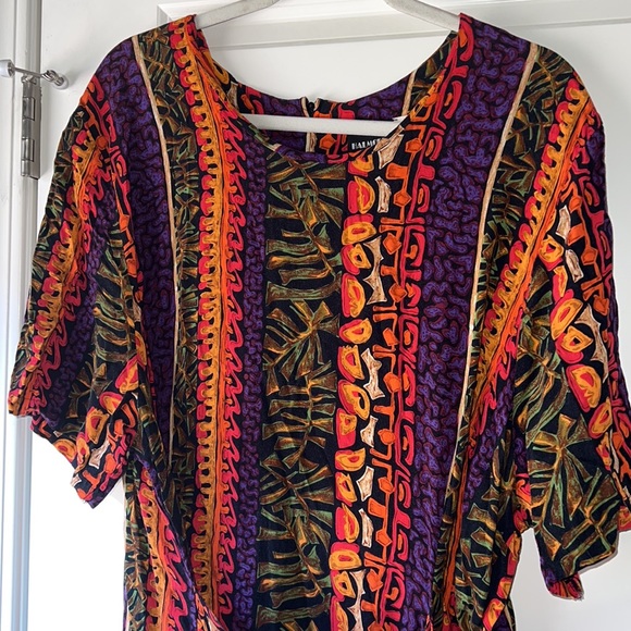 Vibrant gorgeous vintage wrap around maxi dress multicolor tropical tribal print - Picture 9 of 10